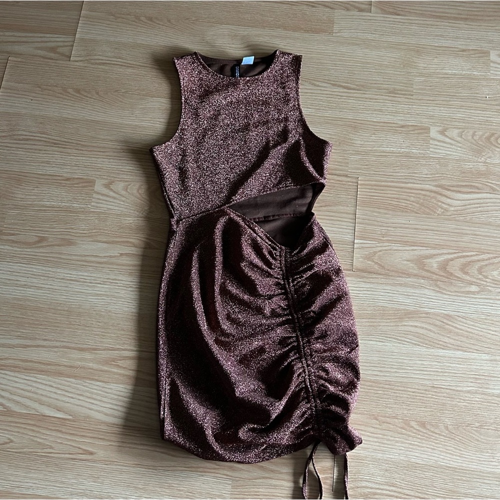 H&M Divided Brown Glitter Cut out Ruched Mini Dress Small